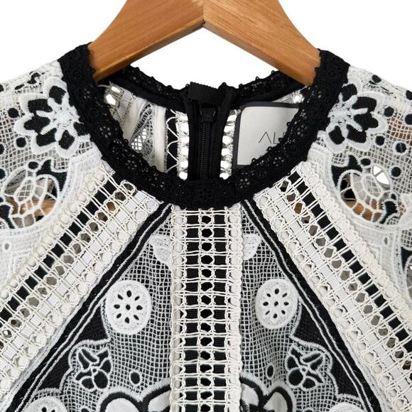 Alexis Emiliana Fit & Flare Mini Dress in Black and White Diamond Lace, XS - Picture 5 of 15